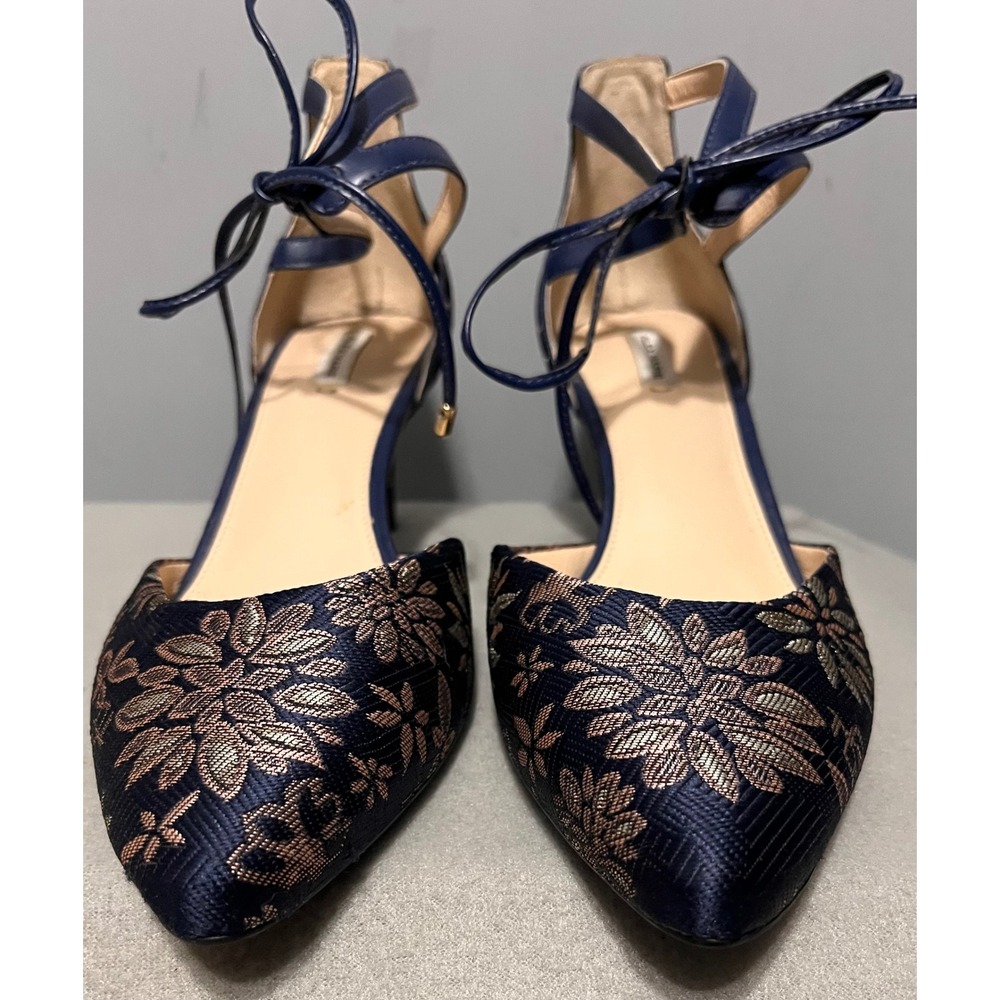 Alex Marie Newburne Navy Blue Gold Floral Jacquard Ankle Tie Kitten Heels 9.5M - Picture 2 of 11